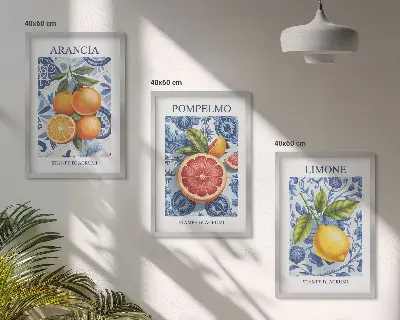 Kompozycja obrazów na ścianę z ilustracjami ze starymi owocowymi cytrusami