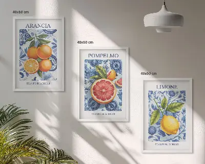 Kompozycja obrazów na ścianę z ilustracjami ze starymi owocowymi cytrusami