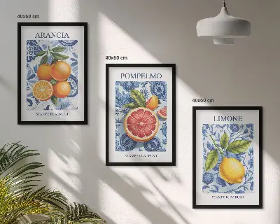 Kompozycja obrazów na ścianę z ilustracjami ze starymi owocowymi cytrusami