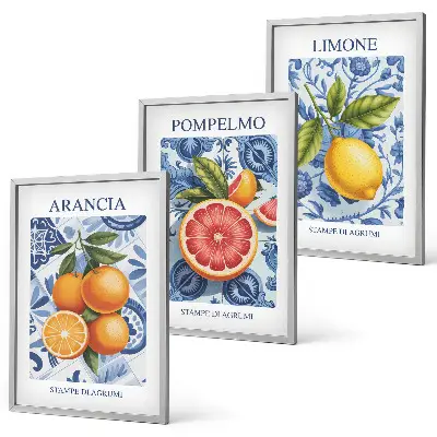 Kompozycja obrazów na ścianę z ilustracjami ze starymi owocowymi cytrusami