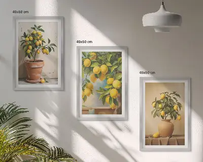Zestaw obrazów do salonu cytrynowe drzewka w doniczkach i wazonach