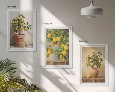 Zestaw obrazów do salonu cytrynowe drzewka w doniczkach i wazonach