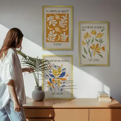 Zestaw 3 obrazów do salonu z motywem kwiatów oraz miast Paryż, Mediolan i Londyn