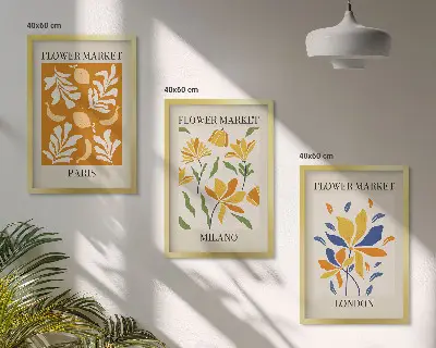 Zestaw 3 obrazów do salonu z motywem kwiatów oraz miast Paryż, Mediolan i Londyn