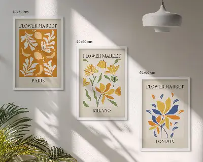 Zestaw 3 obrazów do salonu z motywem kwiatów oraz miast Paryż, Mediolan i Londyn