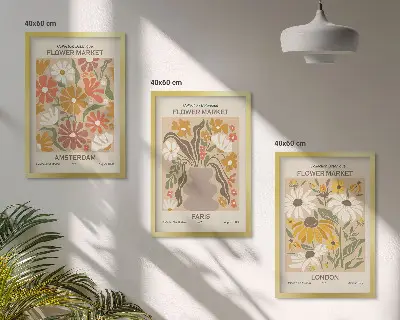 Zestaw obrazów do salonu z botanicznymi wzorami Amsterdam Paryż Londyn