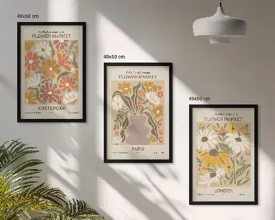 Zestaw obrazów do salonu z botanicznymi wzorami Amsterdam Paryż Londyn