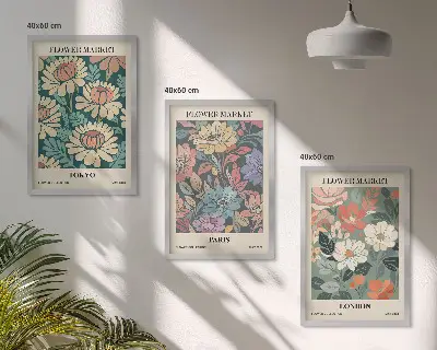 Zestaw obrazów do salonu postery z motywem kwiatowym przedstawiające Tokio, Paryż i Londyn