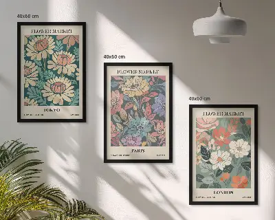 Zestaw obrazów do salonu postery z motywem kwiatowym przedstawiające Tokio, Paryż i Londyn