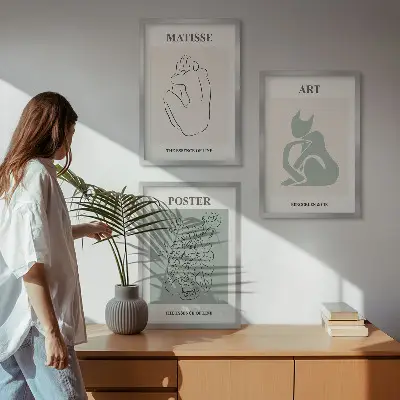 Kompozycja obrazów na ścianę postery w odcieniach beżu i zieleni w stylu Matisse'a
