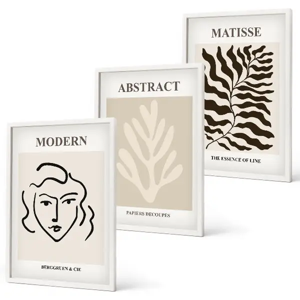 Zestaw obrazów do salonu w stylu Matisse'a z motywem twarzy i liści
