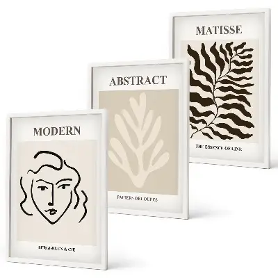 Zestaw obrazów do salonu w stylu Matisse'a z motywem twarzy i liści