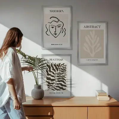 Zestaw obrazów do salonu w stylu Matisse'a z motywem twarzy i liści