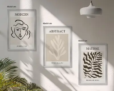 Zestaw obrazów do salonu w stylu Matisse'a z motywem twarzy i liści