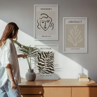 Zestaw obrazów do salonu w stylu Matisse'a z motywem twarzy i liści