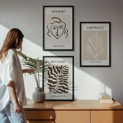 Zestaw obrazów do salonu w stylu Matisse'a z motywem twarzy i liści