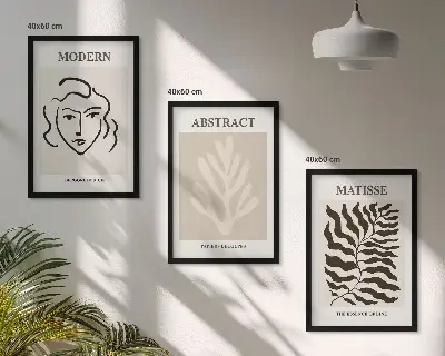 Zestaw obrazów do salonu w stylu Matisse'a z motywem twarzy i liści
