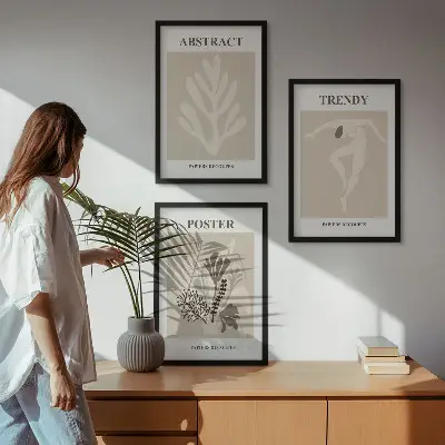 Zestaw obrazów do salonu z roślinnymi wzorami w kolorach beżu i brązu