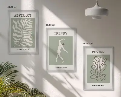 Zestaw obrazów do salonu z roślinnymi wzorami w stylu Matisse'a w odcieniach zieleni