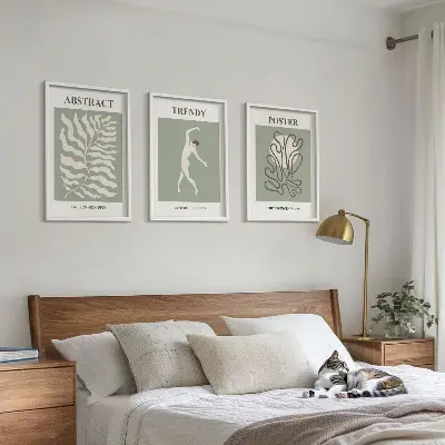 Zestaw obrazów do salonu z roślinnymi wzorami w stylu Matisse'a w odcieniach zieleni