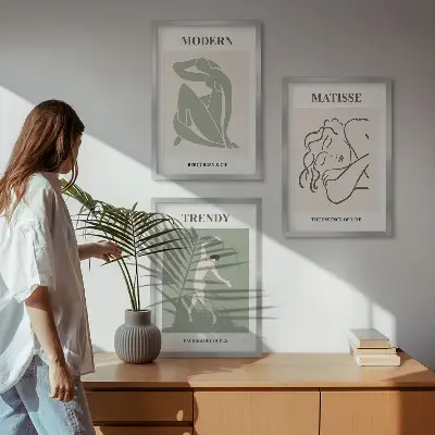 Zestaw 3 obrazów do salonu ze stylowymi postaciami minimalistycznymi