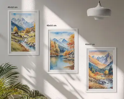 Zestaw obrazów do salonu z jesiennym widokiem na góry rzekę i domki