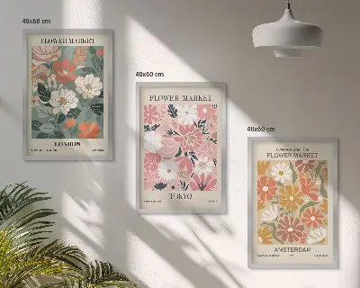 Kompozycja obrazów na ścianę z motywem kwiatowych wzorów w stylu Londyn Tokio Amsterdam