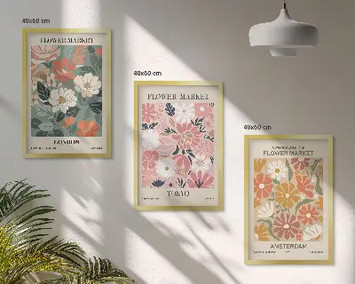 Kompozycja obrazów na ścianę z motywem kwiatowych wzorów w stylu Londyn Tokio Amsterdam