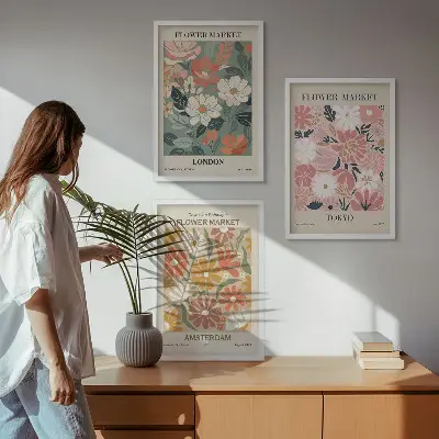 Kompozycja obrazów na ścianę z motywem kwiatowych wzorów w stylu Londyn Tokio Amsterdam