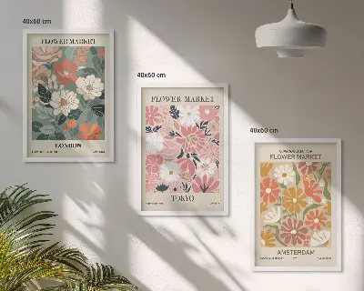 Kompozycja obrazów na ścianę z motywem kwiatowych wzorów w stylu Londyn Tokio Amsterdam
