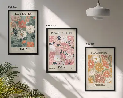 Kompozycja obrazów na ścianę z motywem kwiatowych wzorów w stylu Londyn Tokio Amsterdam