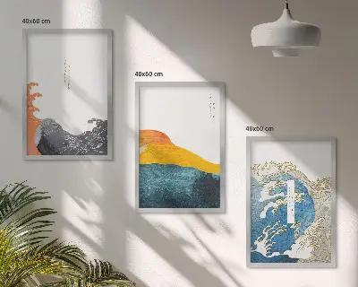 Kompozycja obrazów na ścianę z grafiką w japońskim stylu