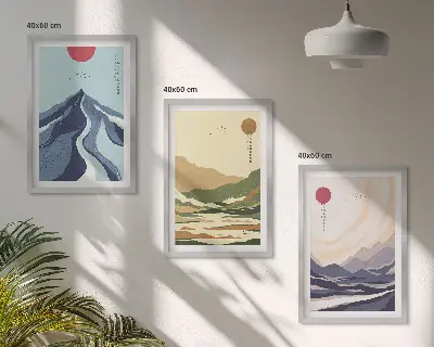 Zestaw obrazów do salonu góry w pastelowych barwach w stylu japandi