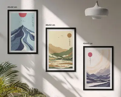 Zestaw obrazów do salonu góry w pastelowych barwach w stylu japandi
