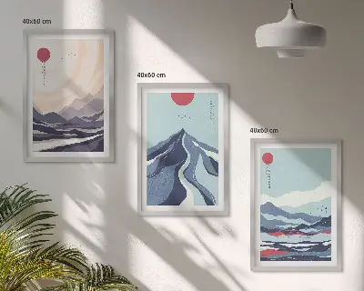 Zestaw 3 obrazów do salonu abstrakcyjne góry w stylu japońskim
