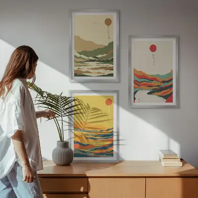 Zestaw obrazów do salonu kolorowe wzory z motywem gór i rzek w stylu japandi