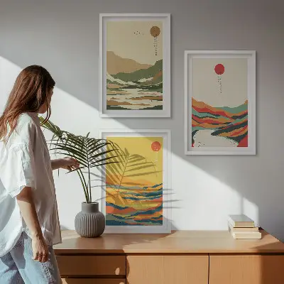 Zestaw obrazów do salonu kolorowe wzory z motywem gór i rzek w stylu japandi