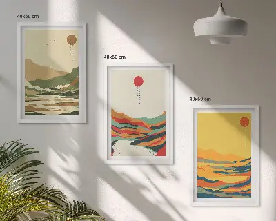 Zestaw obrazów do salonu kolorowe wzory z motywem gór i rzek w stylu japandi
