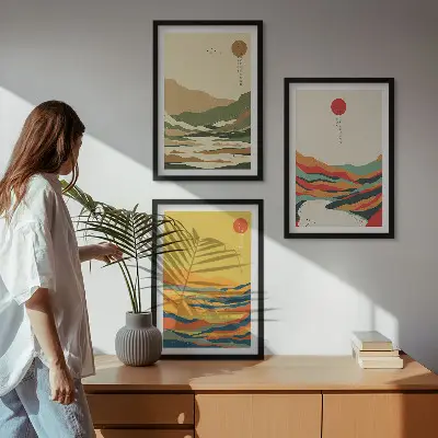 Zestaw obrazów do salonu kolorowe wzory z motywem gór i rzek w stylu japandi