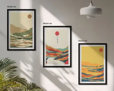 Zestaw obrazów do salonu kolorowe wzory z motywem gór i rzek w stylu japandi