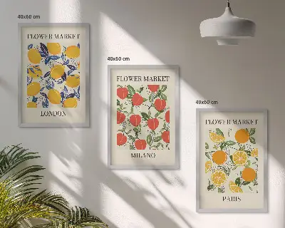 Zestaw 3 obrazów do salonu z motywem kwiatów w mieście