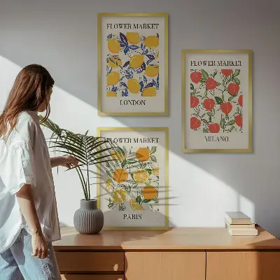 Zestaw 3 obrazów do salonu z motywem kwiatów w mieście