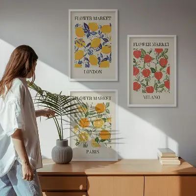 Zestaw 3 obrazów do salonu z motywem kwiatów w mieście