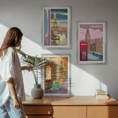 Zestaw 3 obrazów do salonu widoki Paryż i Londyn w stylu retro