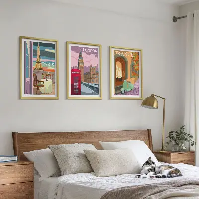 Zestaw 3 obrazów do salonu widoki Paryż i Londyn w stylu retro