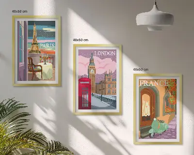 Zestaw 3 obrazów do salonu widoki Paryż i Londyn w stylu retro