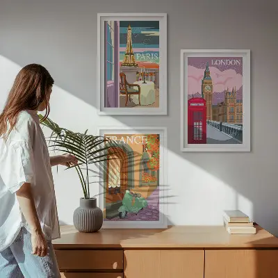 Zestaw 3 obrazów do salonu widoki Paryż i Londyn w stylu retro