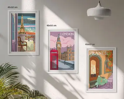 Zestaw 3 obrazów do salonu widoki Paryż i Londyn w stylu retro
