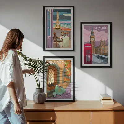 Zestaw 3 obrazów do salonu widoki Paryż i Londyn w stylu retro