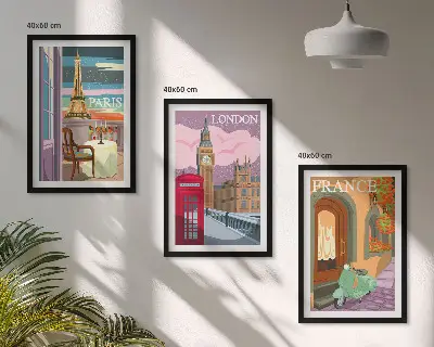 Zestaw 3 obrazów do salonu widoki Paryż i Londyn w stylu retro